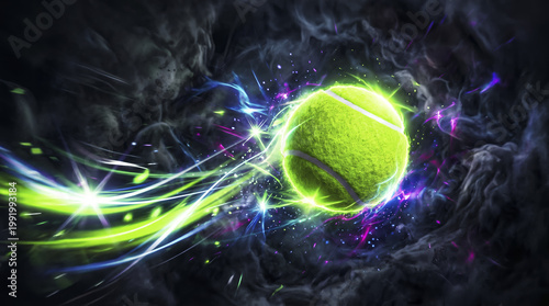 Futuristic glowing tennis ball background with neon energy trails and dynamic motion effect in dark abstract space background.
