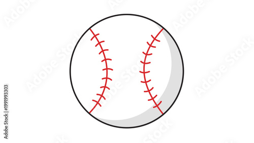 Baseball Vector Icon Illustration with Editable Stroke. Modern flat design of a white baseball with red stitching and black outline, perfect for sports apps, games, and professional web design.