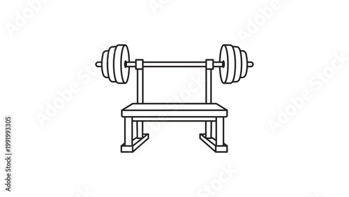 Bench Press with Barbell and Weights on a Flat Gym Bench, Minimalist Black Line Vector Icon Illustration with Editable Stroke for Fitness, Bodybuilding, Workout, and Strength Training Designs.
