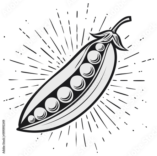 Illustrated pea pod graphic with radiating light burst, black and white style.