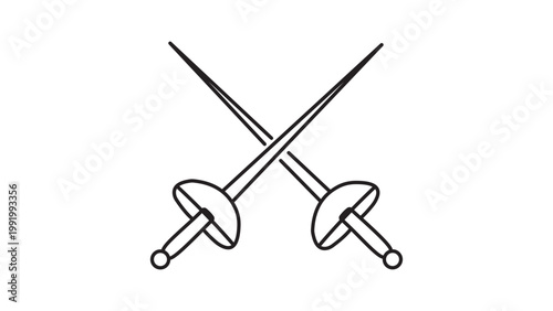 Crossed Fencing Epees Minimalist Black Line Vector Icon on White Background. Hand-traced illustration with editable stroke for customizable line weight, ideal for sports logos and web design.