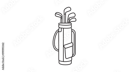 Golf Bag Editable Stroke Vector Icon. A minimalist black line illustration on a white background representing a tall golf bag with several clubs sticking out, perfect for sports and leisure designs.