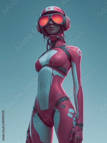 Futuristic female character in a pink and white sci-fi bodysuit wearing glowing red goggles.