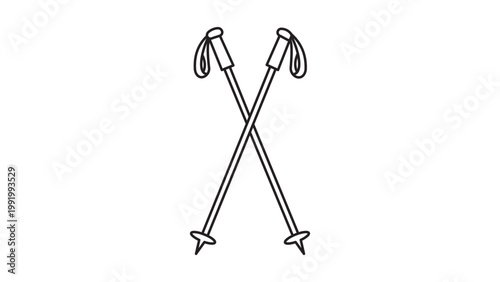Minimalist Crossed Ski Poles Vector Icon Illustration with Editable Stroke. Hand-Drawn Black Line Art of Winter Sports Equipment for Downhill Skiing and Alpine Hiking Isolated on White Background.