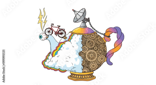 Whimsical Teapot with Gears and Rainbow.