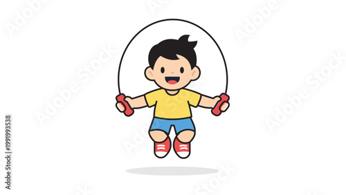 Cute Boy Skipping Rope Illustration, Modern Flat Vector Icon on White Background, Child Exercising with Jump Rope, Healthy Lifestyle Activity for Kids, Editable Stroke Scalable SVG Graphic.