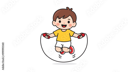 Cute Cartoon Boy Skipping Rope Illustration, a Modern Flat Vector Icon on White Background with Editable Stroke. Happy Child Jumping Rope for Fitness, Playful Activity Graphic Design Element.