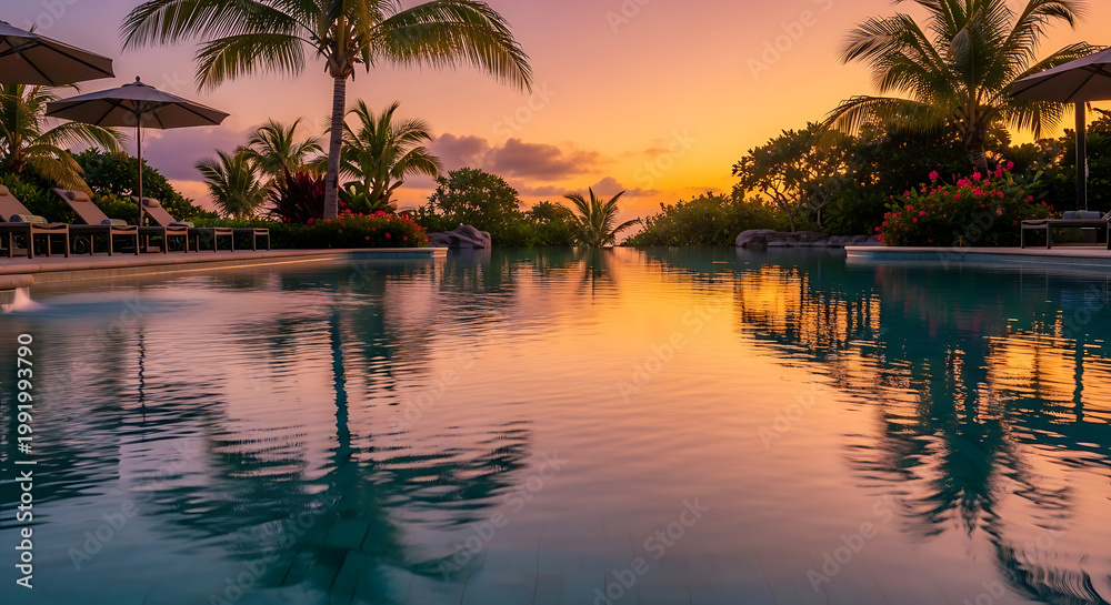 Obraz premium Tropical infinity pool reflecting a vibrant sunset with palm trees and lounge chairs.
