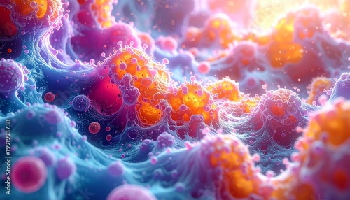 Cellular Cosmos: A vibrant and intricate portrayal of the cellular world, displaying a dynamic landscape of microscopic structures in a burst of color and detail.