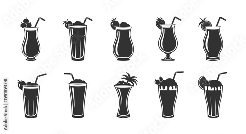 Collection of Diverse Cocktail Glasses and Drinks Icons.