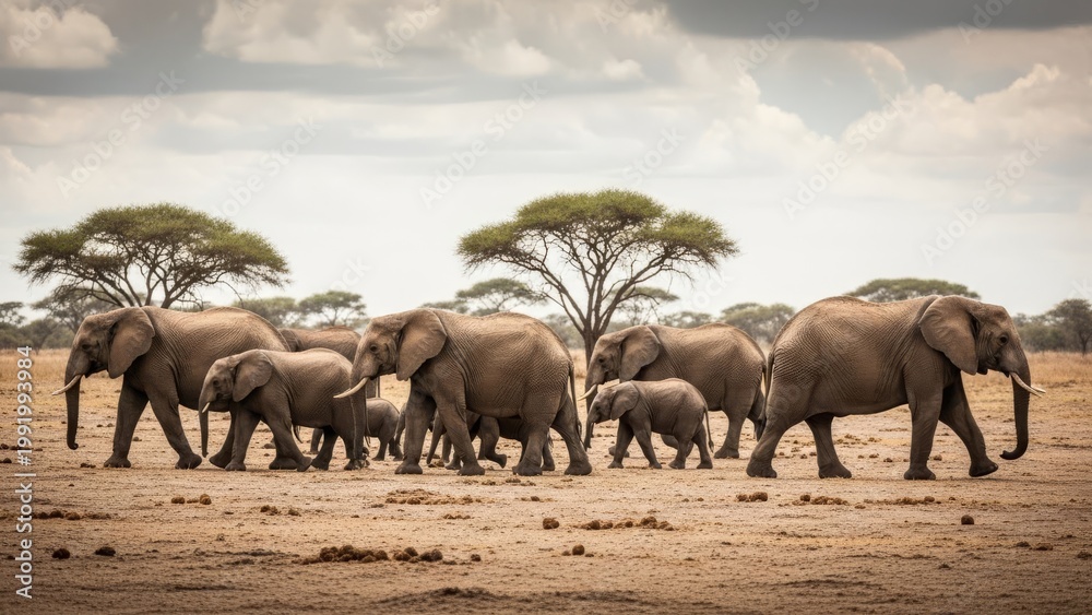 Fototapeta premium Herd of African elephants walking in savanna under cloudy sky, acacia trees in background.