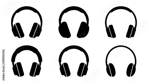 Black headphone silhouette icons, 6 audio headset vector symbols, music gear set