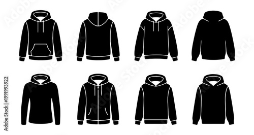 Black hoodie vector icons, 8 sweatshirt apparel mockups, hooded jacket clothing set