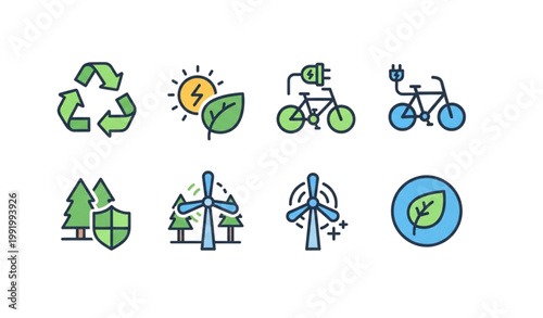 Modern ecology icons solid set environment sustainability green energy vector design