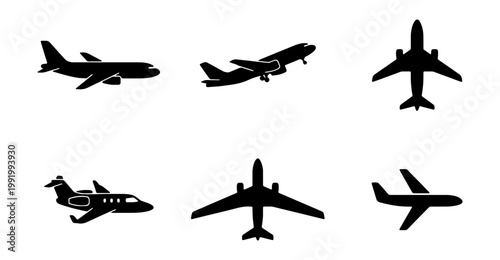 Airplane silhouette icons set. 6 aircraft vector shapes, black jet plane flight symbols