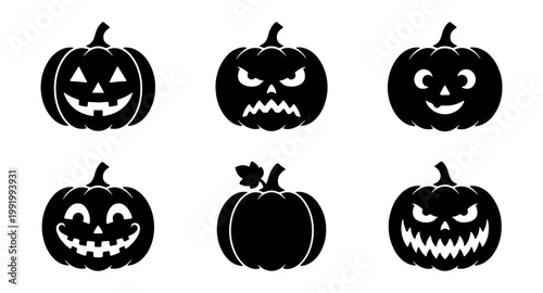 Halloween pumpkin icons set, spooky jack o lantern silhouettes, 6 vector pumpkin faces