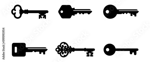 Vintage key silhouettes, 6 antique door key icons, black metal lock opener vector set