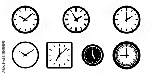 Minimalist wall clock icons, set of 7 time vector symbols, black and white watch faces