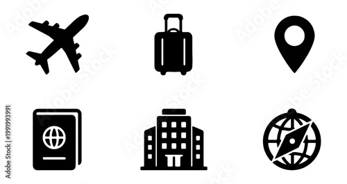 Travel icons set of 6 black vectors, tourism symbols, airplane and luggage silhouettes
