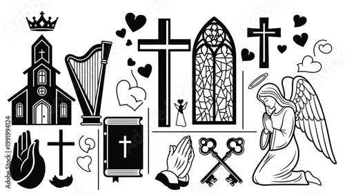 Collection of traditional religious and spiritual symbols in black and white illustration