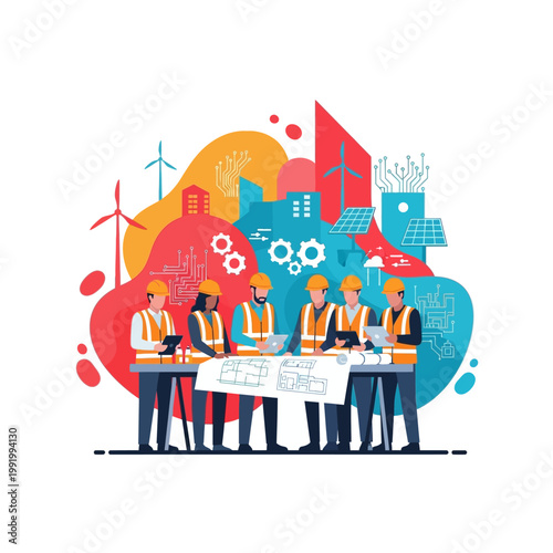 A diverse group of engineers collaborating on a blueprint for a sustainable city with renewable energy sources.