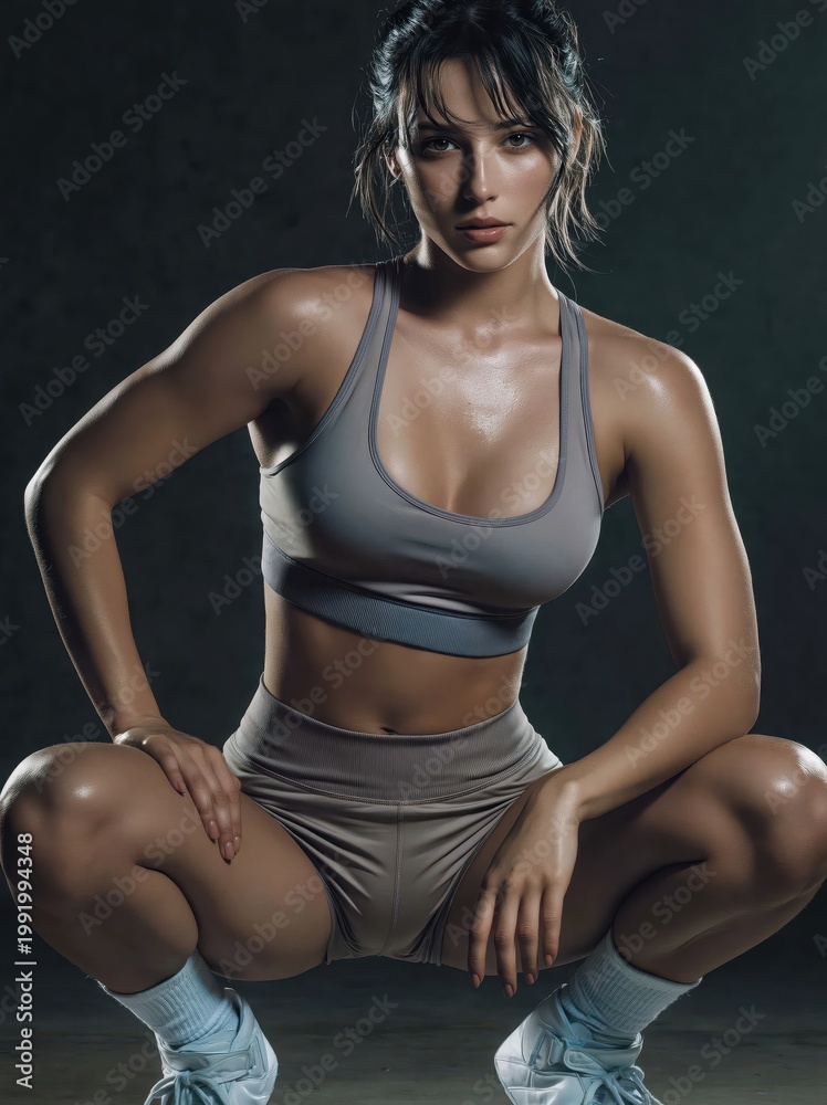 Obraz premium Fit young woman posing in athletic wear while sweating after a rigorous exercise session.