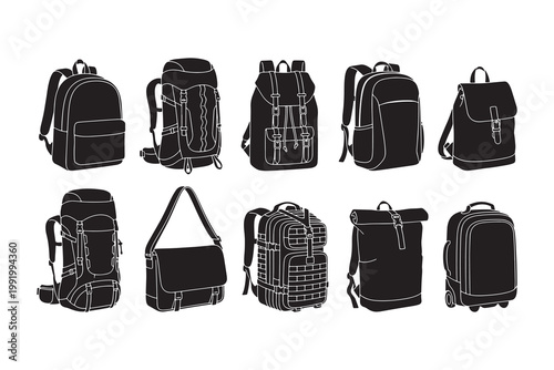 Black and white of various handbag styles and isolated on white background, handbags purses tote bags