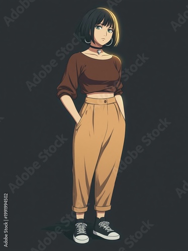 Stylish anime woman in casual brown crop top and high-waisted beige pants posing confidently.