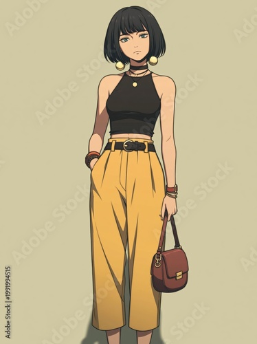 Fashionable Young Woman in Anime Illustration Style Wearing Yellow Pants and Black Halter Top