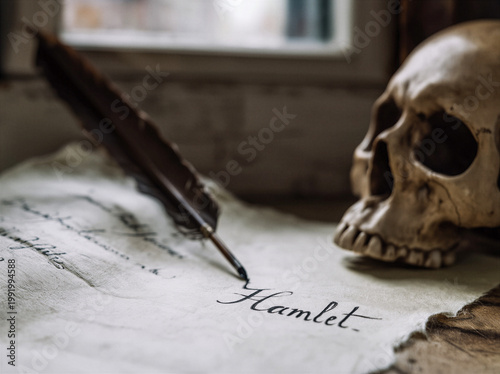 the words written in a quill with black ink Hamlet into parchment a feather quill lays to the side and a real skull seperated by commas, authentic scene