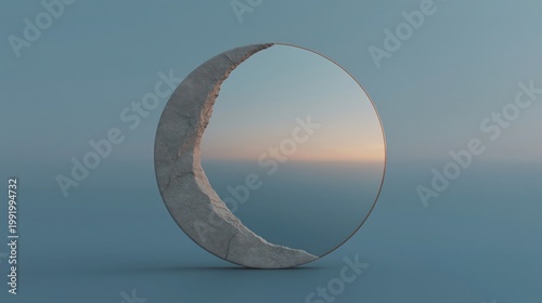 Minimalist conceptual art of a crescent stone and circular mirror reflecting a peaceful sunset.