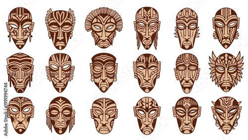 Intricate collection of traditional wooden tribal masks from various cultures