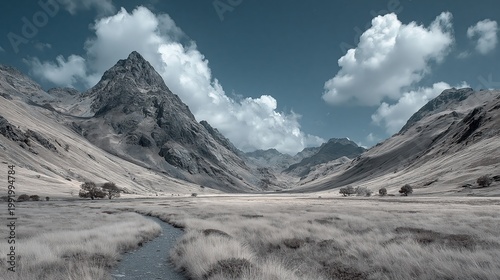 Vast Mountain Valley Landscape with a Winding Trail and Rugged Peaks in Infrared Style