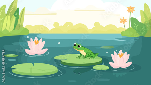 A peaceful pond scene, featuring a green frog on lily pad among water lilies and surrounding plants