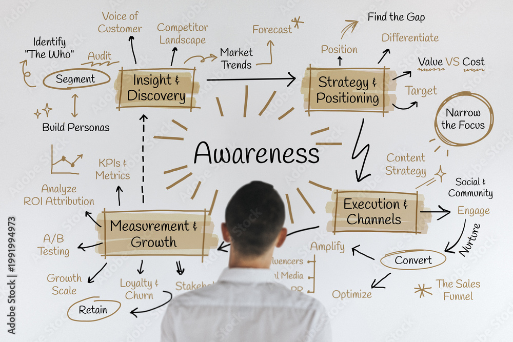 Obraz premium Man analyzing a flowchart with Awareness at the center, surrounded by strategies.
