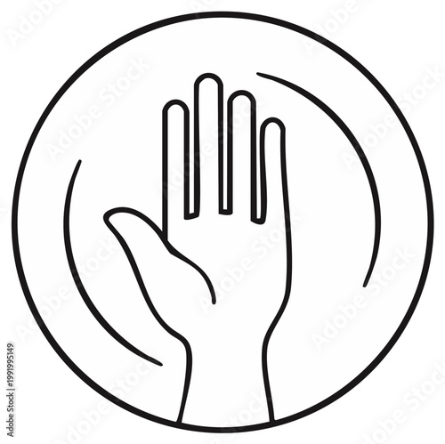 Minimalist outline of an open palm hand raised within a circular frame, suggesting a gesture of greeting or stopping.