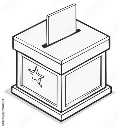 Isometric Ballot Box with Star Symbol Black and White Line Art Illustration of Voting
