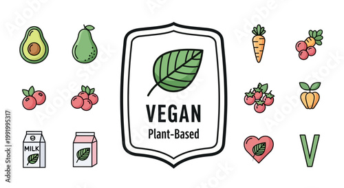 Illustration of vegan and plant-based food icons including fruits, vegetables, and plant-based milk.