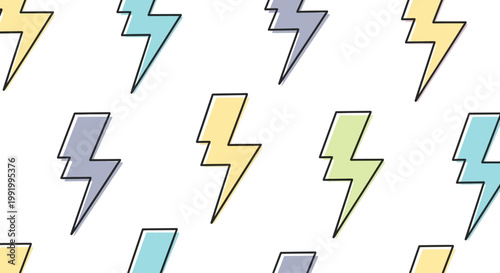 Seamless pattern of colorful lightning bolt icons on white background.