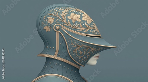 Profile of a Teal Medieval Knight Helmet with Intricate Gold Floral Filigree Patterns