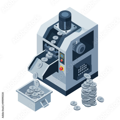 Isometric Coin Production Machine Processing Currency.