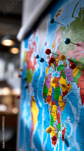 A large wall map covered in colorful pushpins marking destinations across continents, defocused travel agency in the background, world map, travel pins, planning destinations, agency wall, trip
