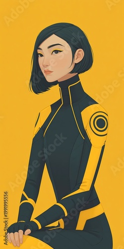 Confident young woman in a sleek navy and yellow futuristic bodysuit on a bright background