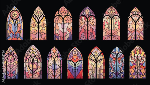 Stained glass windows displaying medieval gothic architectural designs and colors