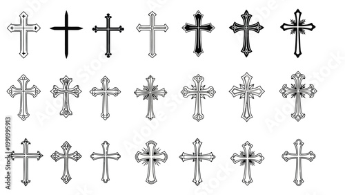 Historical and stylized variations of religious cross symbols in monochrome graphics