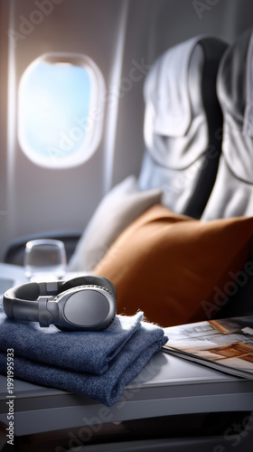 An airline seat with a folded blanket, headphones and a magazine on a tray table, no people, airline seat, in flight, travel comfort, journey, modern airline, tourism, lifestyle, plane interior,
