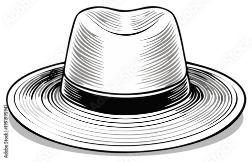 Vintage Fedora Hat With Black Band Detailed Line Art Illustration