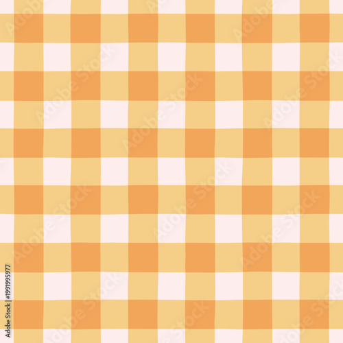 Warm summer gingham seamless pattern in hand-drawn style. Bright orange and yellow checkered texture. Cottagecore. Cozy geometric background for home textile, apparel, kitchen decor. Vector design
