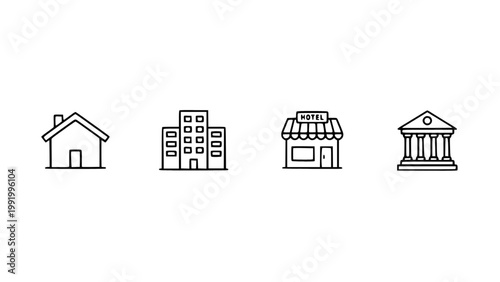 Simple building icons for real estate and city concepts.