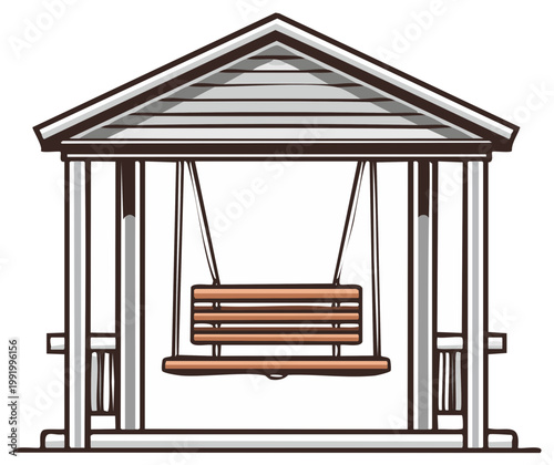 Wooden swing seat in a gazebo